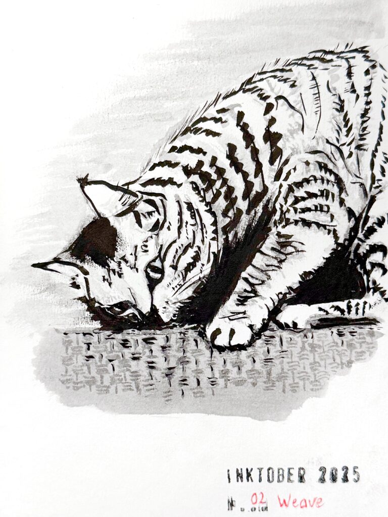 A black and white ink drawing of a tabby cat pawing at a woven mat, with her head lowered and focused on the fabric.