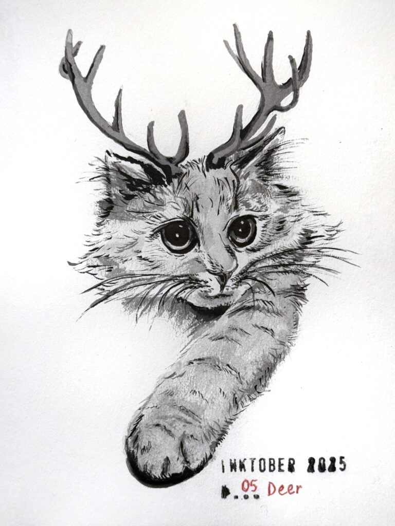 A back and grey ink drawing of a fluffy cat with antlers. Only the cat’s head and extended front paw are drawn. The cat has large, expressive eyes. The artwork is in black and white with shades of gray, and is labeled "Inktober 2025 05 Deer."