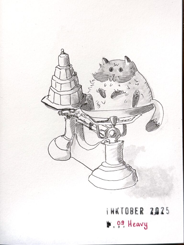 A playful drawing in grey and black featuring a chunky cat sitting on a vintage scale, next to a stack of weights. The artwork is done in shades of gray with accents, and titled "Inktober 2025" and "09 Heavy."