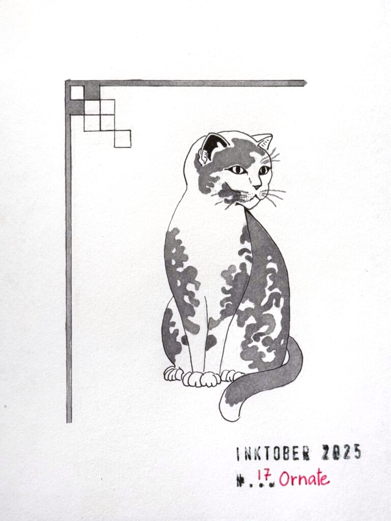 A grey ink drawing with thin black outline of a seated cat with ornate markings generally evocative of clouds. It is framed on the left side by a geometric patterns in the top corner. The artwork is titled "Inktober 2025" and "17 Ornate".