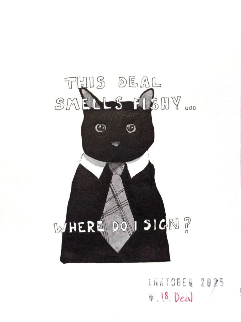 A black and grey ink drawing of a cartooney black cat dressed in a suit and tie, with large puzzled eyes. The text above and below the cat reads in outlined white block letters, "THIS DEAL SMELLS FISHY... WHERE DO I SIGN?" The artwork is titled "Inktober 2025” and “18 Deal”