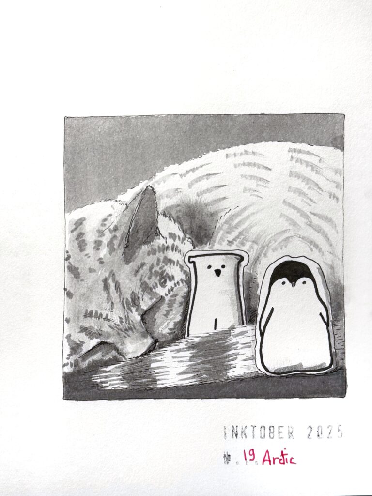 Grey ink drawing of a sleeping cat with face partly buried in its tail. Two small fabric toys are propped against its tail and side: a cartoonish polar bear and penguin. Only part of the cat’s face and body are in a square frame. The artwork is titled “Inktober 2025” and "19 Arctic."