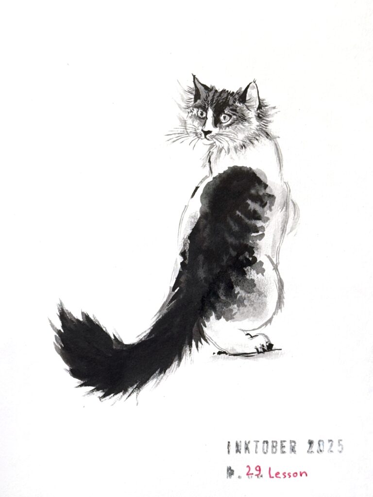 A black and grey ink drawing of a longhair cat, viewed from behind, looking back over its shoulder. The cat features distinct fur patterns in black, grey over white. The artwork is titled "Inktober 2025" and “29 Lesson”